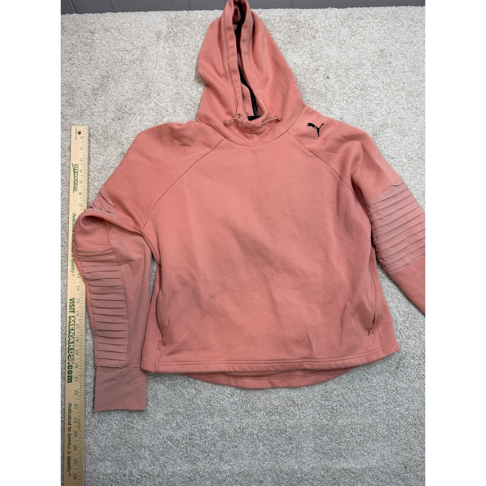 Puma Womens Moto Pleated Sleeve Hoodie Rose Pink Pullover Sweatshirt Size Large